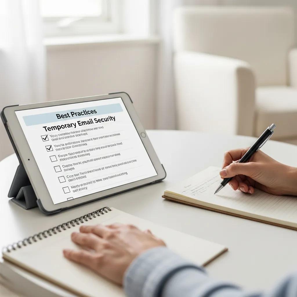 Person checking temporary email security tips on a tablet in natural light