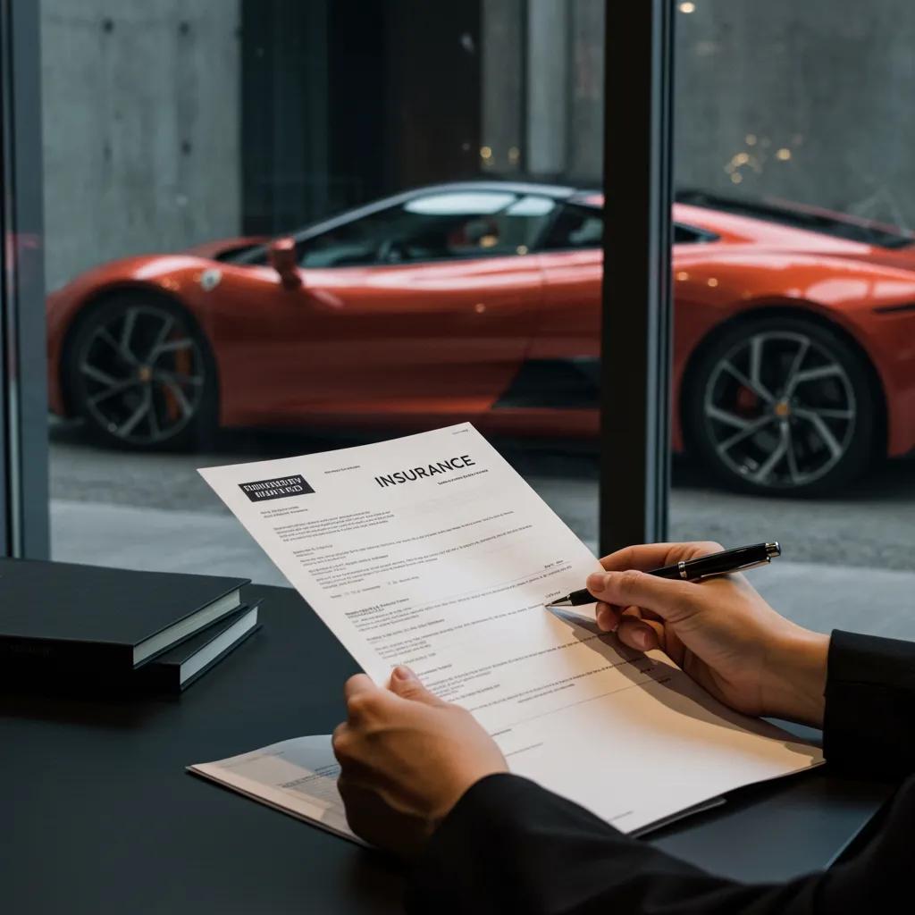 Person reviewing insurance documents with exotic car in background