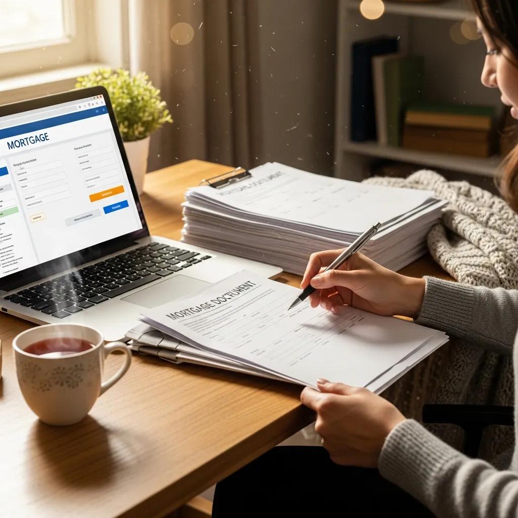 Person reviewing mortgage documents and application at a desk