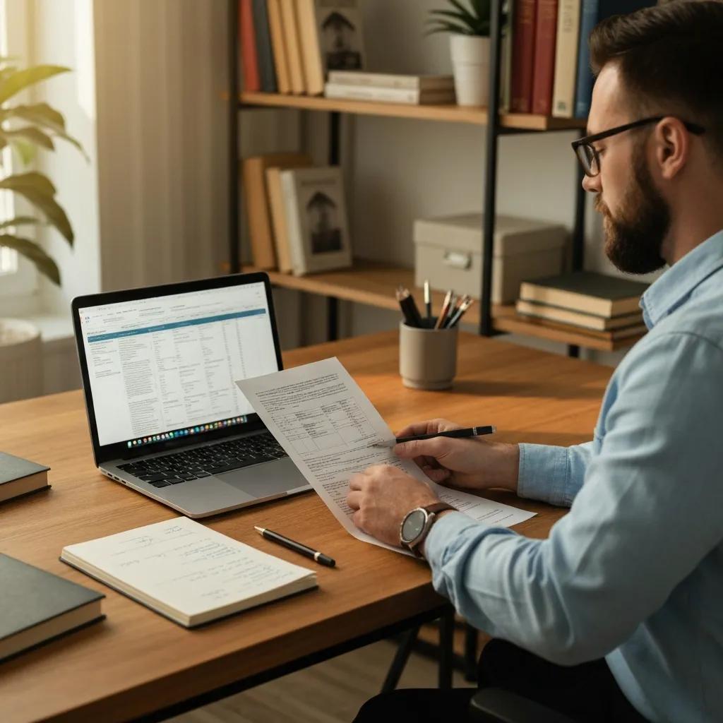 Person reviewing property documents at a desk — steps in the title search process Person reviewing property documents at a desk — steps in the title search process