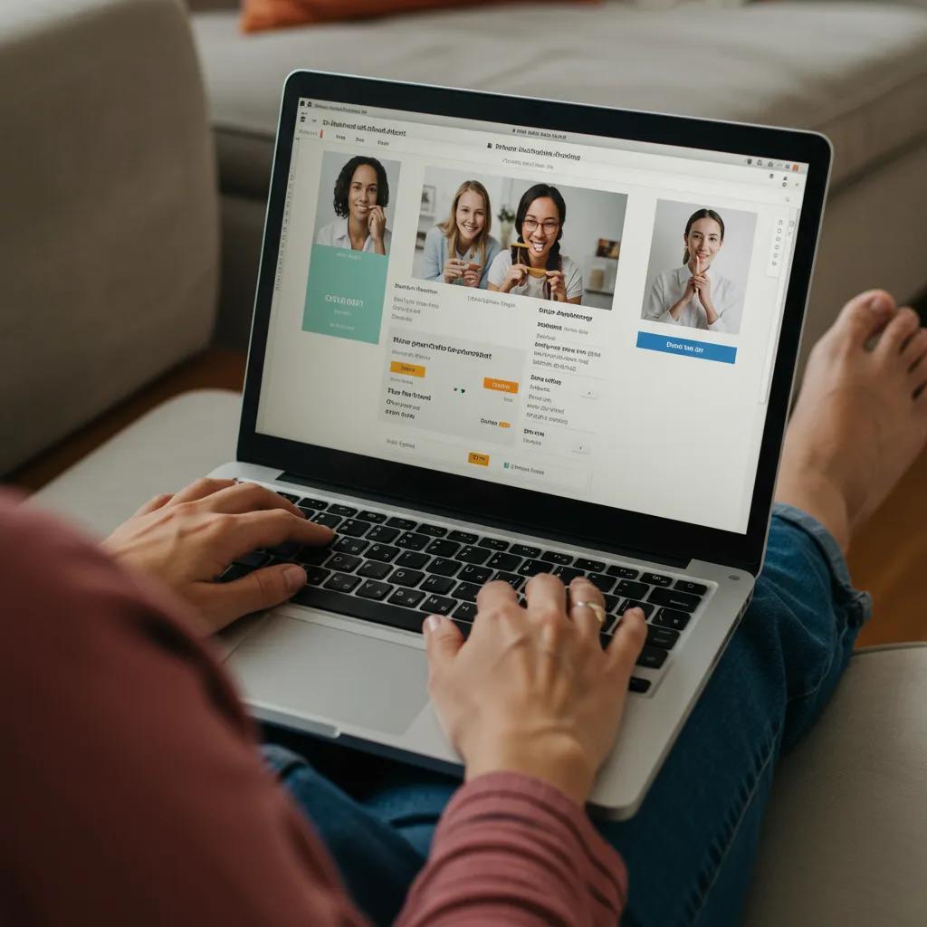 Person scheduling an online therapy appointment on a laptop in a comfortable home setting Person scheduling an online therapy appointment on a laptop in a comfortable home setting