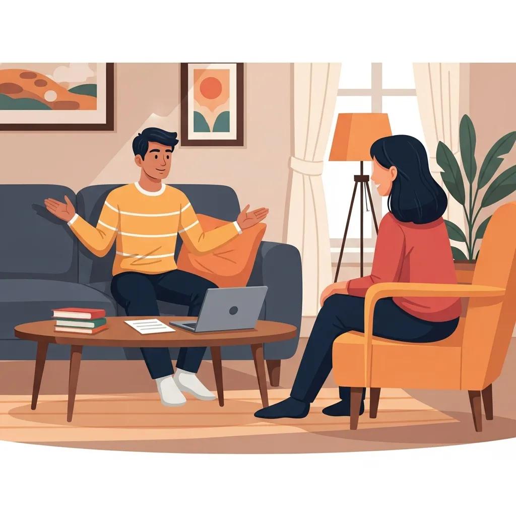 Person setting healthy boundaries during a respectful conversation in a cozy living room Person setting healthy boundaries during a respectful conversation in a cozy living room