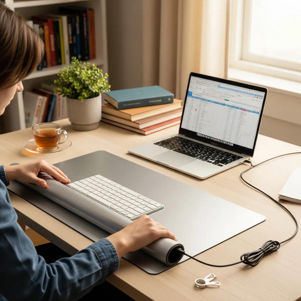 Person setting up a grounding mat at a desk, demonstrating safe and practical setup steps