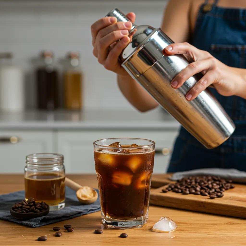 Person shaking iced espresso honey coffee in a bright kitchen, highlighting the use of espresso honey in recipes
