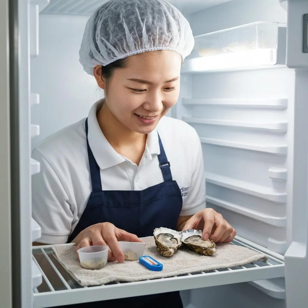 Person storing live oysters in a refrigerator, demonstrating best practices for oyster safety and freshness