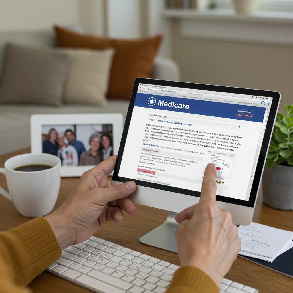 Person updating Medicare address on a digital device in a cozy home office