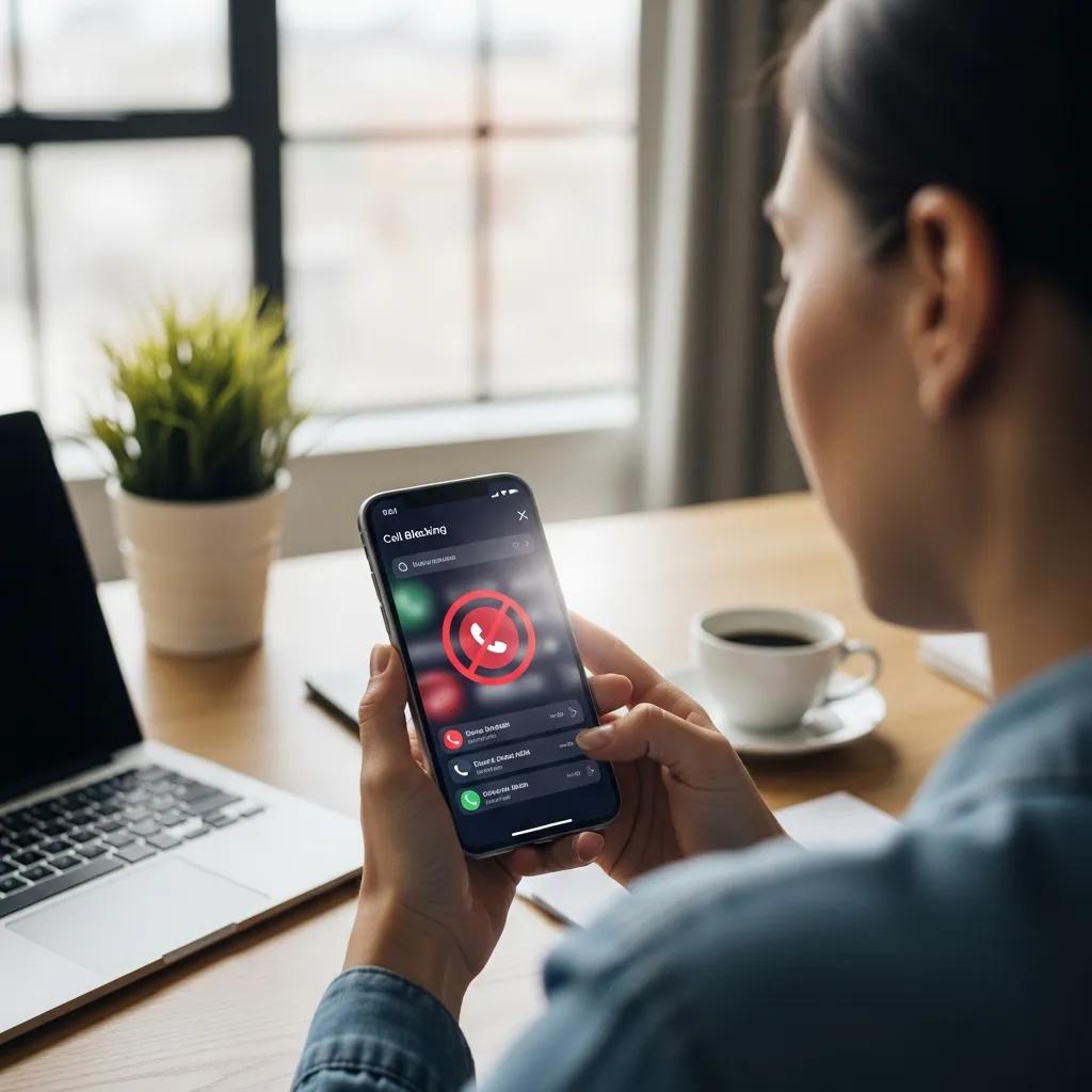 Using a call-blocking app on a smartphone at a desk