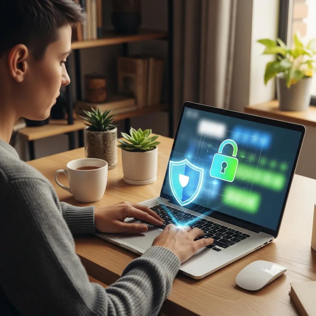 Person on a laptop in a cozy workspace illustrating digital privacy and security