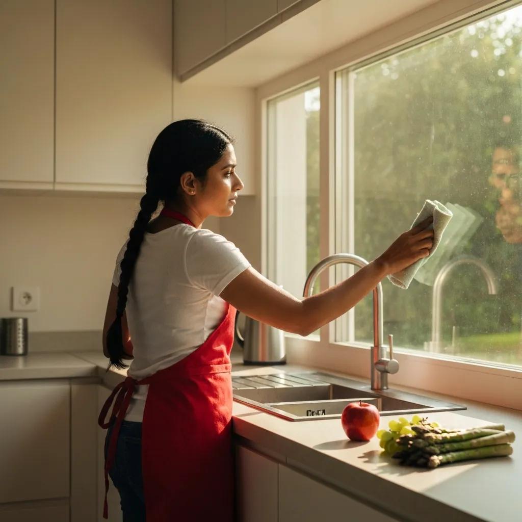 Someone cleaning a kitchen with a plant-based spray — emphasizing better indoor air and family health