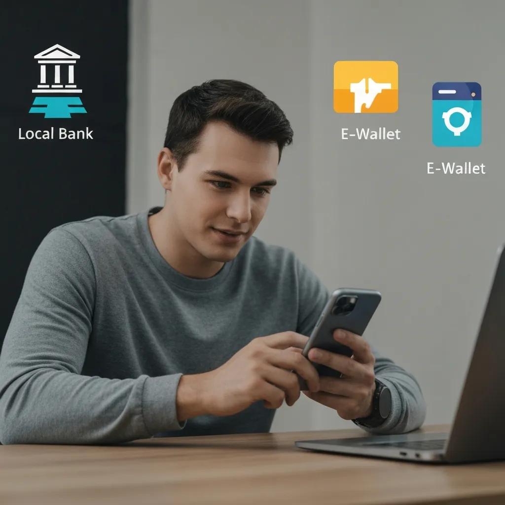 Person using a smartphone for forex trading payment with bank and e-wallet icons