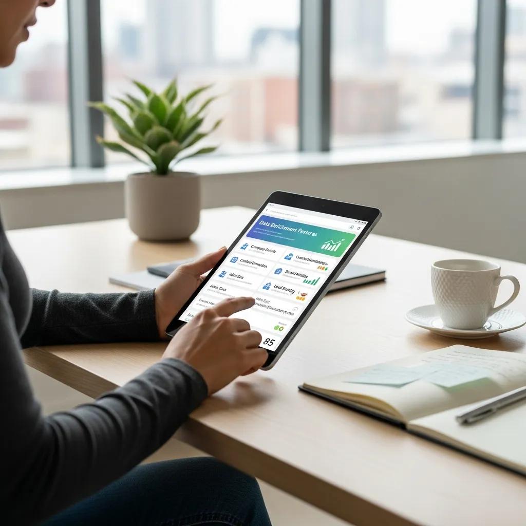Person using a tablet to access CRM system features in a modern workspace