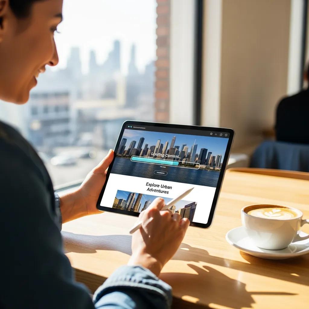 Person using a tablet with a fast-loading website in a café