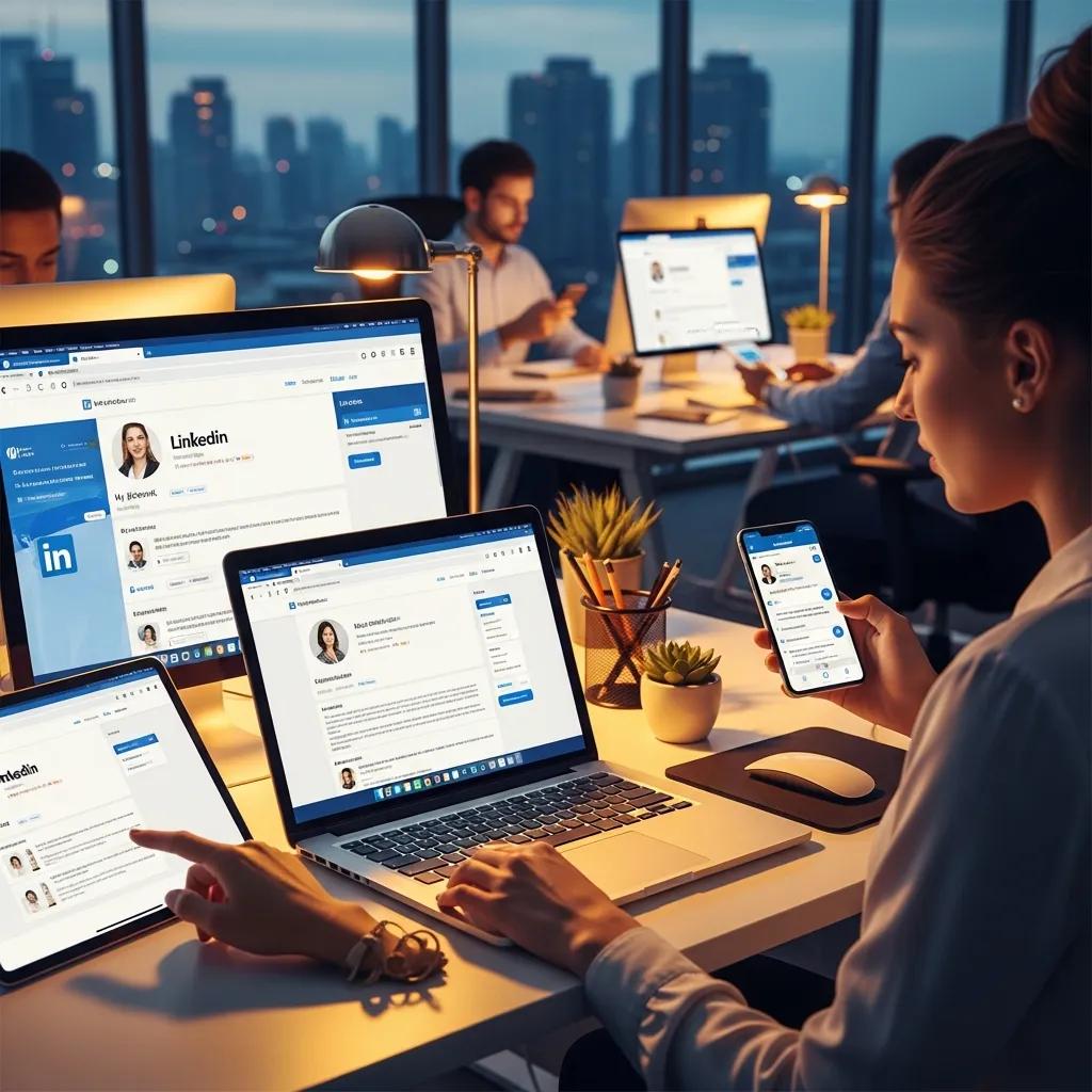 Person using multiple devices for LinkedIn outreach in a modern office