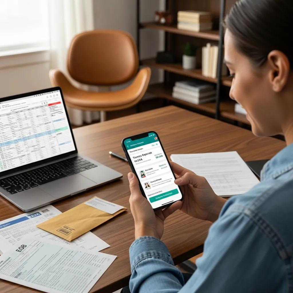 Person using smartphone to manage Health Savings Account for therapy expenses in a home office