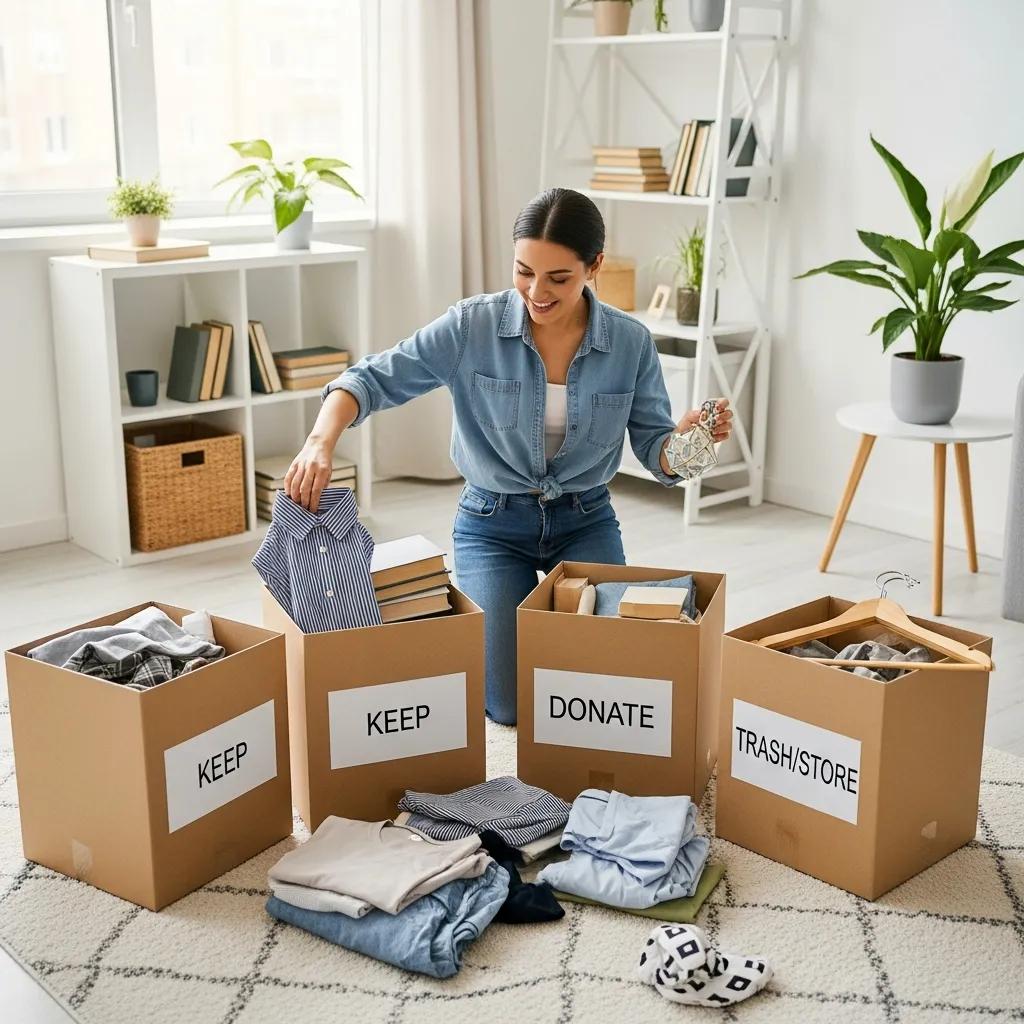 Person using the 4-box method for decluttering, sorting items into labeled boxes in a bright room