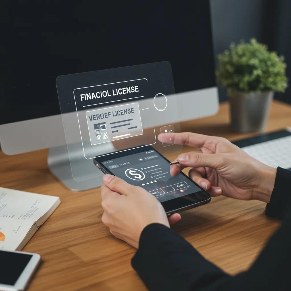 Person verifying a financial license in a modern office setting