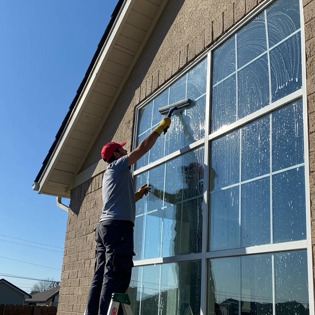 Person washing a residential window with a squeegee, emphasizing streak-free results and home maintenance