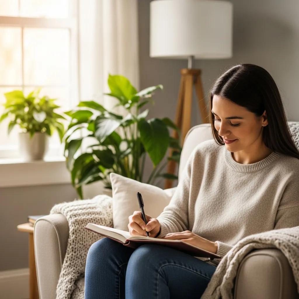 Person writing in a gratitude journal in a sunlit room, symbolizing the practice of gratitude for happiness