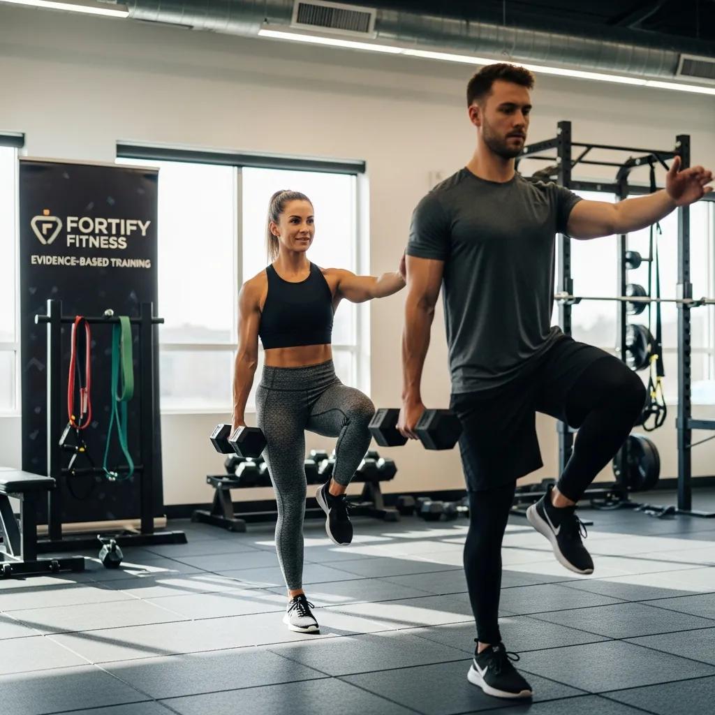 Personal trainer demonstrating evidence-based training methods during a functional movement assessment