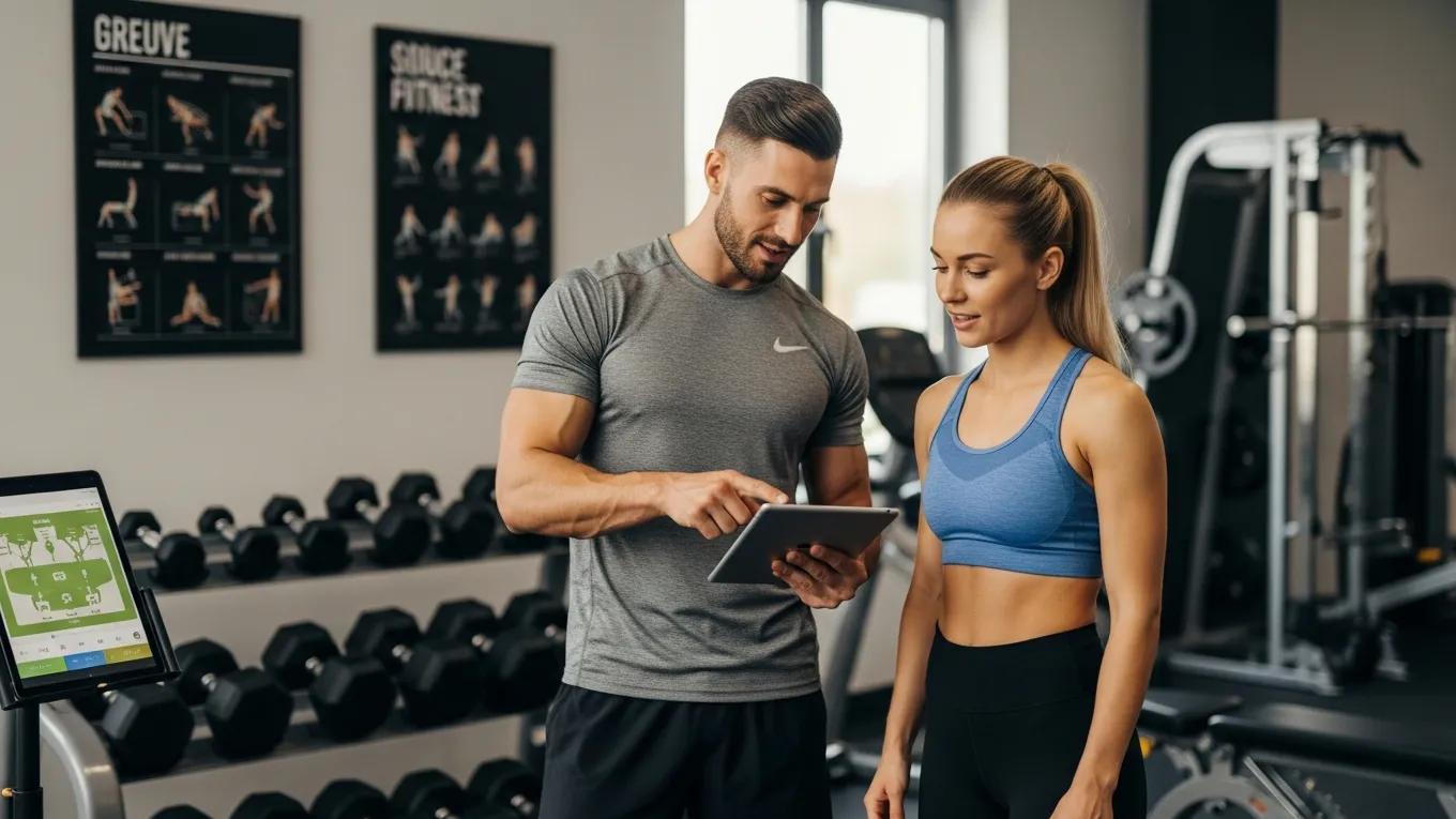 Personal trainer explaining a customized workout plan to a client in a gym setting