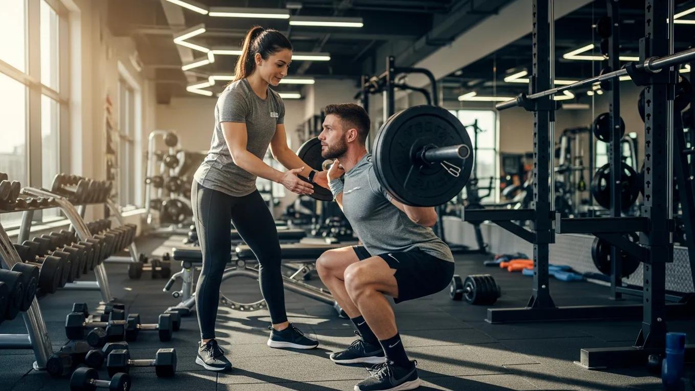 Personal trainer guiding a client in strength training for muscle gain
