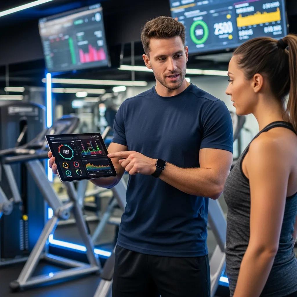 Personal trainer using a tablet to discuss evidence-based coaching with a client, highlighting modern training methods