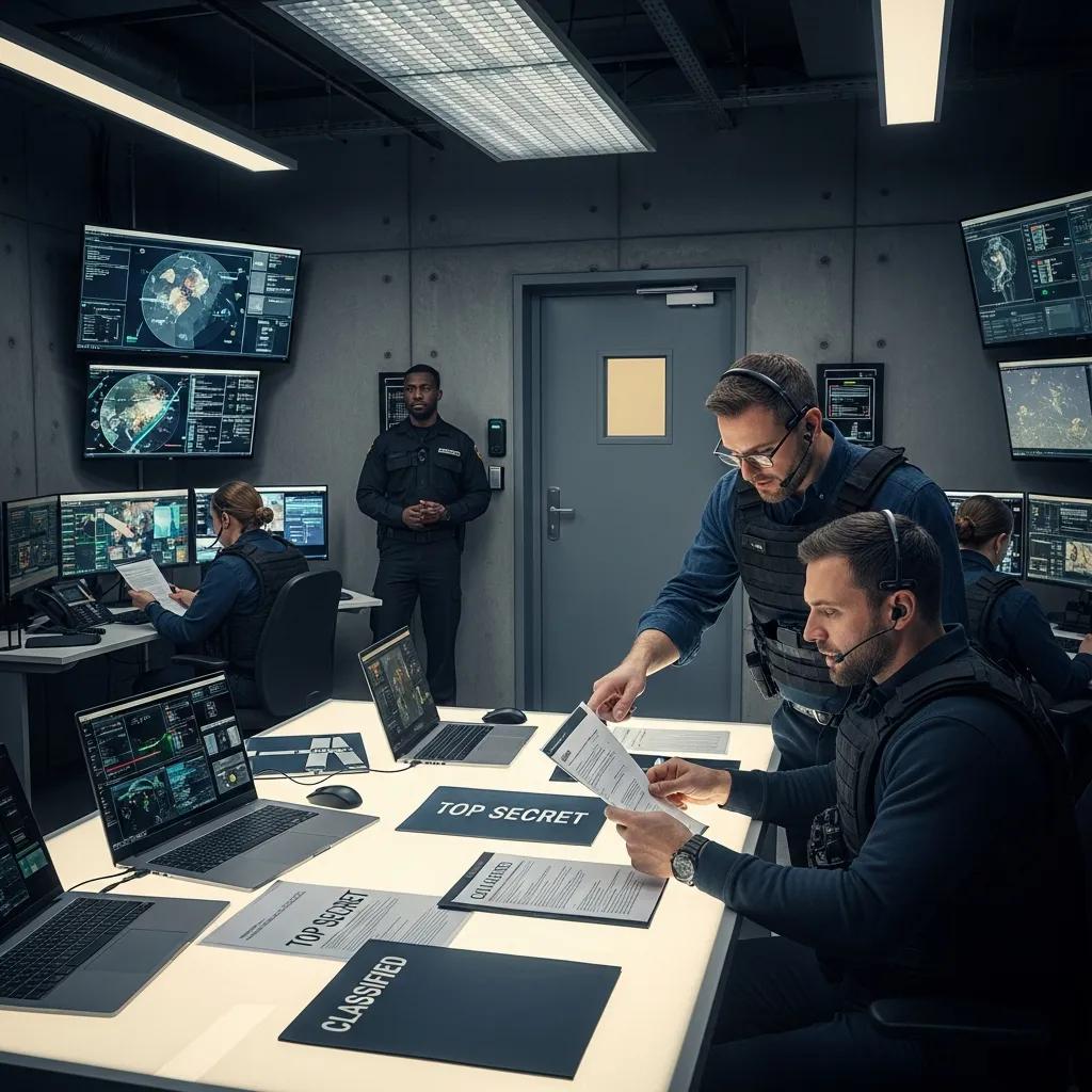 Personnel reviewing classified documents in a secure facility emphasizing national security