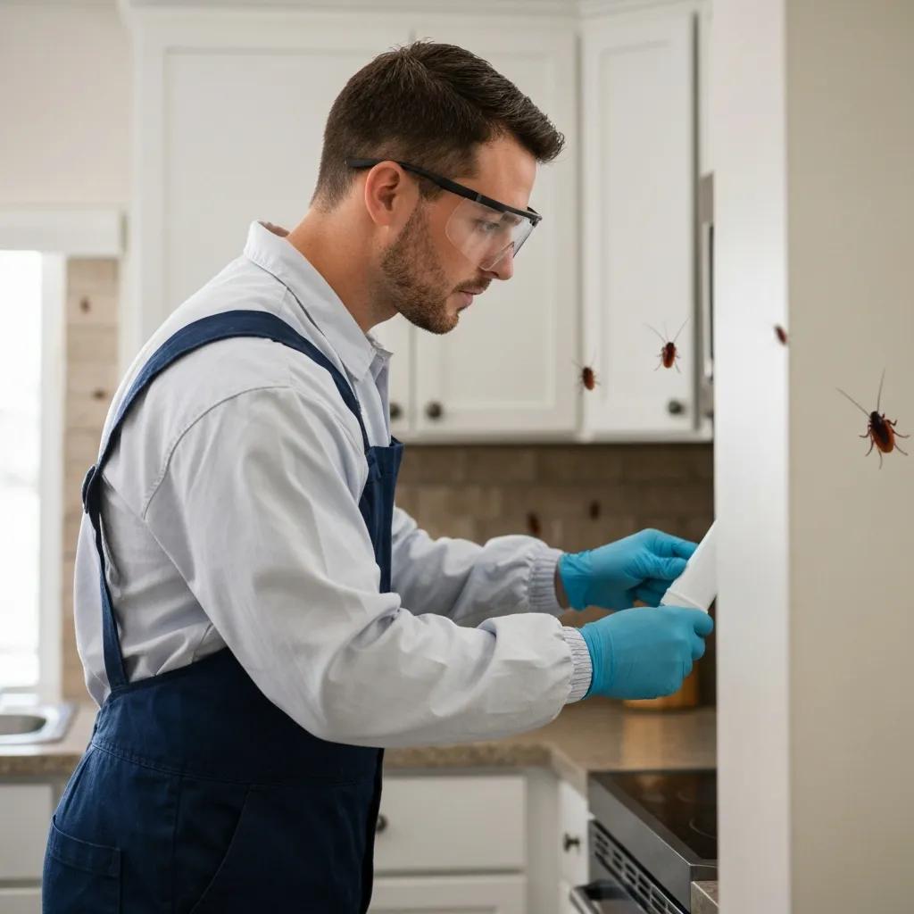 Technician inspecting a Boca Raton kitchen for cockroach activity