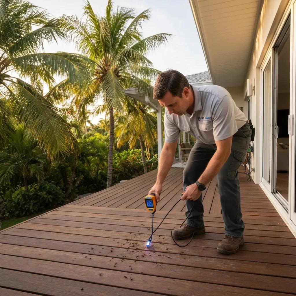 Pest control technician inspecting a South Florida home for ants — professional, safe, and methodical