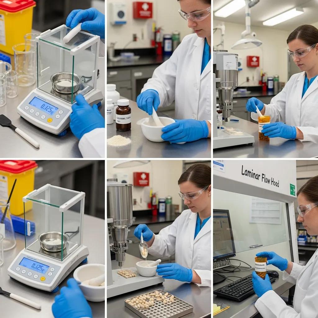 Pharmacist demonstrating the compounding process in a laboratory environment