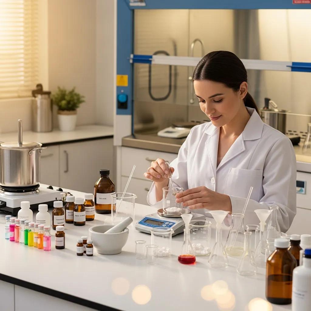 Pharmacist preparing custom compounded medications in a pharmacy lab