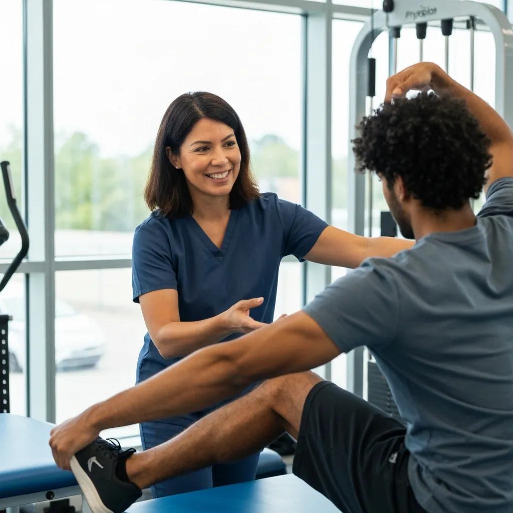 Physiotherapist guiding a patient through rehabilitation exercises