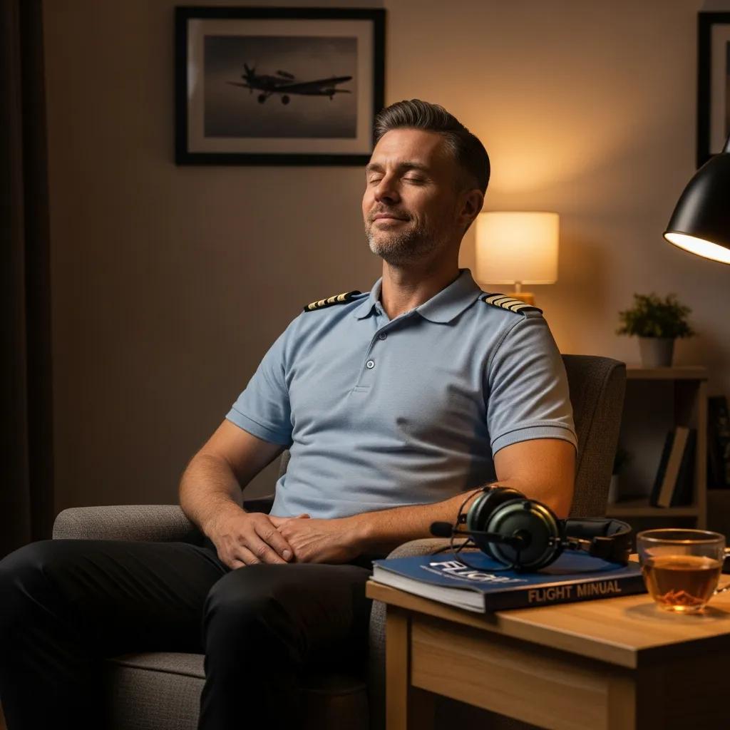 Pilot practicing relaxation techniques to manage anxiety, highlighting core CBT methods for aviation professionals Pilot practicing relaxation techniques to manage anxiety, highlighting core CBT methods for aviation professionals