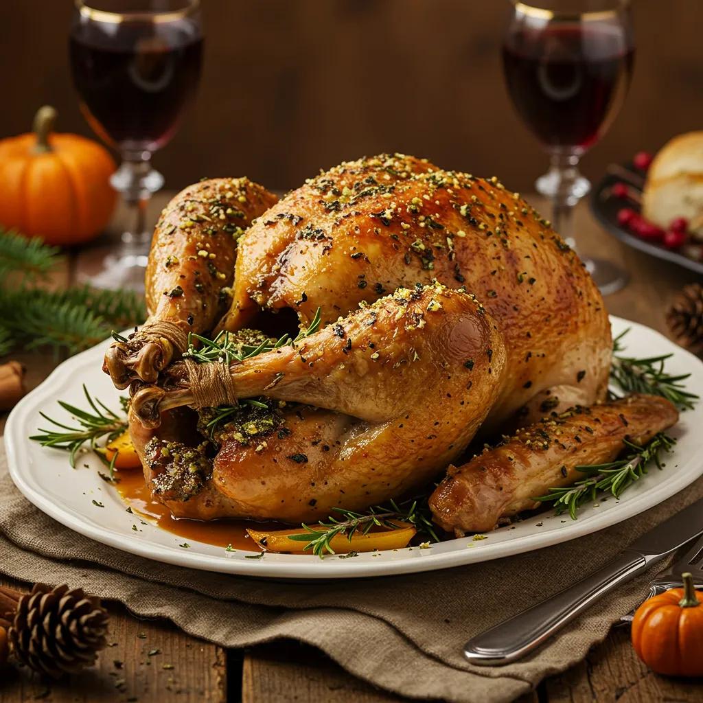 Plated herb-crusted turkey garnished with fresh herbs on a rustic table Plated herb-crusted turkey garnished with fresh herbs on a rustic table