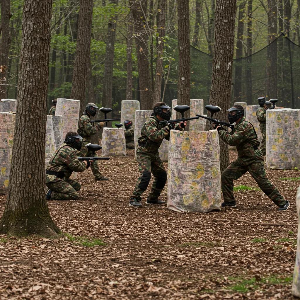 Action-packed paintball game in a wooded setting near Fayetteville, WV, showcasing player engagement