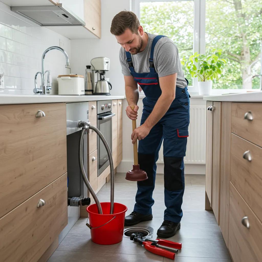 Plumber using a plunger to unclog a kitchen drain, showcasing effective drain cleaning techniques