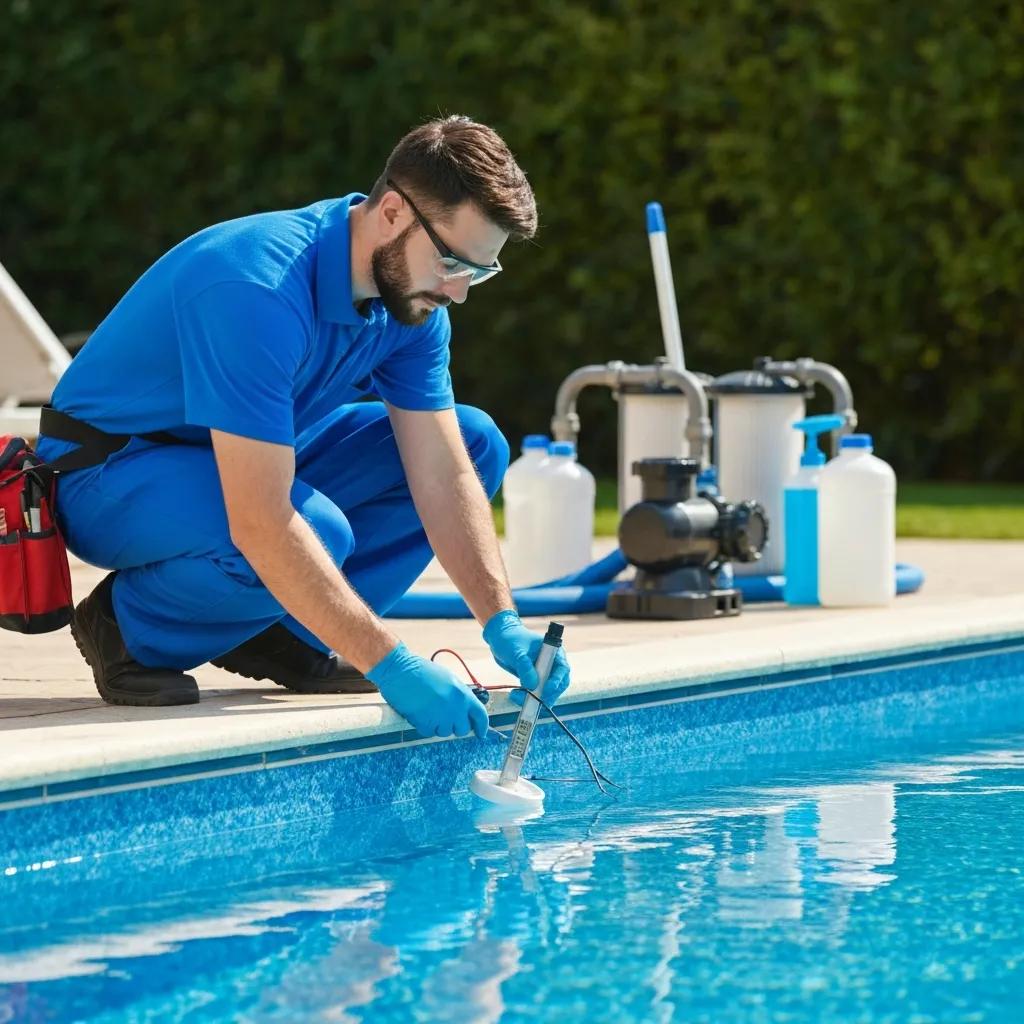 Technician preparing a residential pool for winter Technician preparing a residential pool for winter