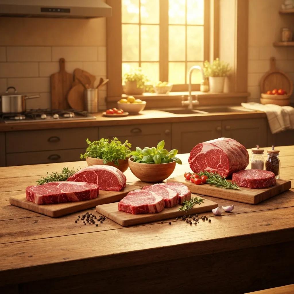 Assortment of premium beef cuts staged in a warm kitchen to show the benefits of buying a half beef online
