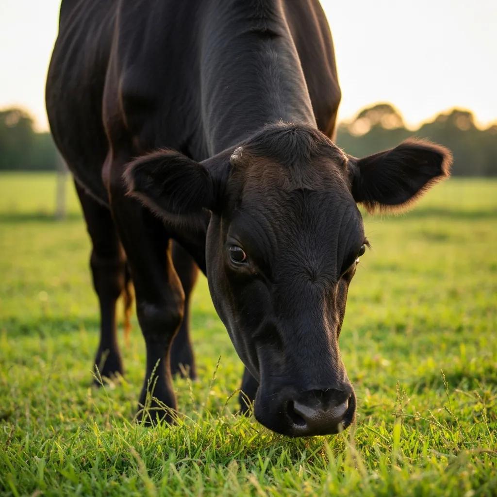 Corriente cow grazing on healthy pasture—our source for premium grass‑fed beef