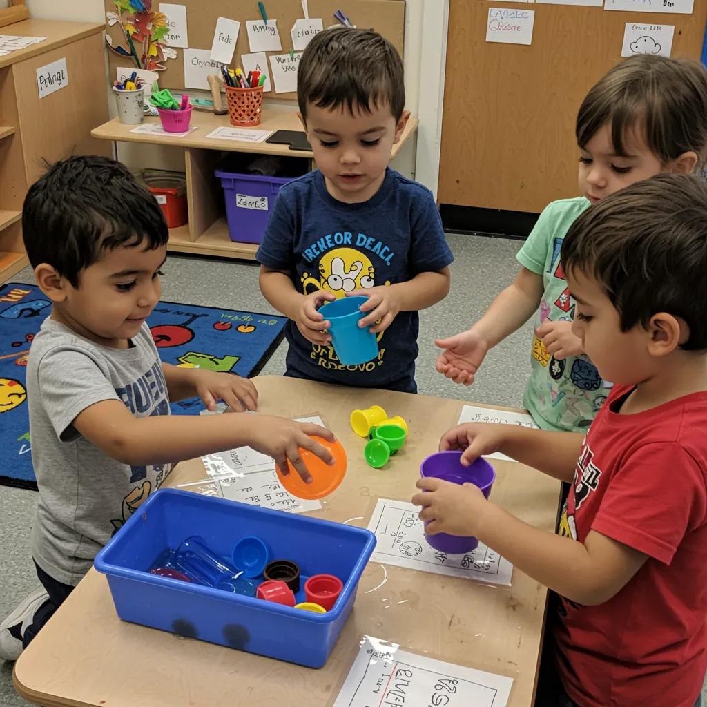 Preschool children engaged in a sensory science center activity testing sink and float hypotheses