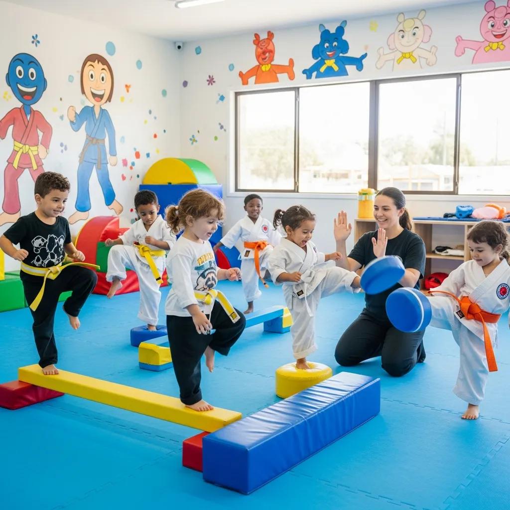 Preschool children enjoying a karate class, developing motor skills and social cues Preschool children enjoying a karate class, developing motor skills and social cues