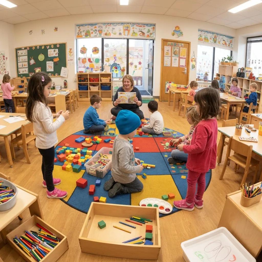 Preschool classroom with children playing and a caregiver, emphasizing a nurturing learning environment