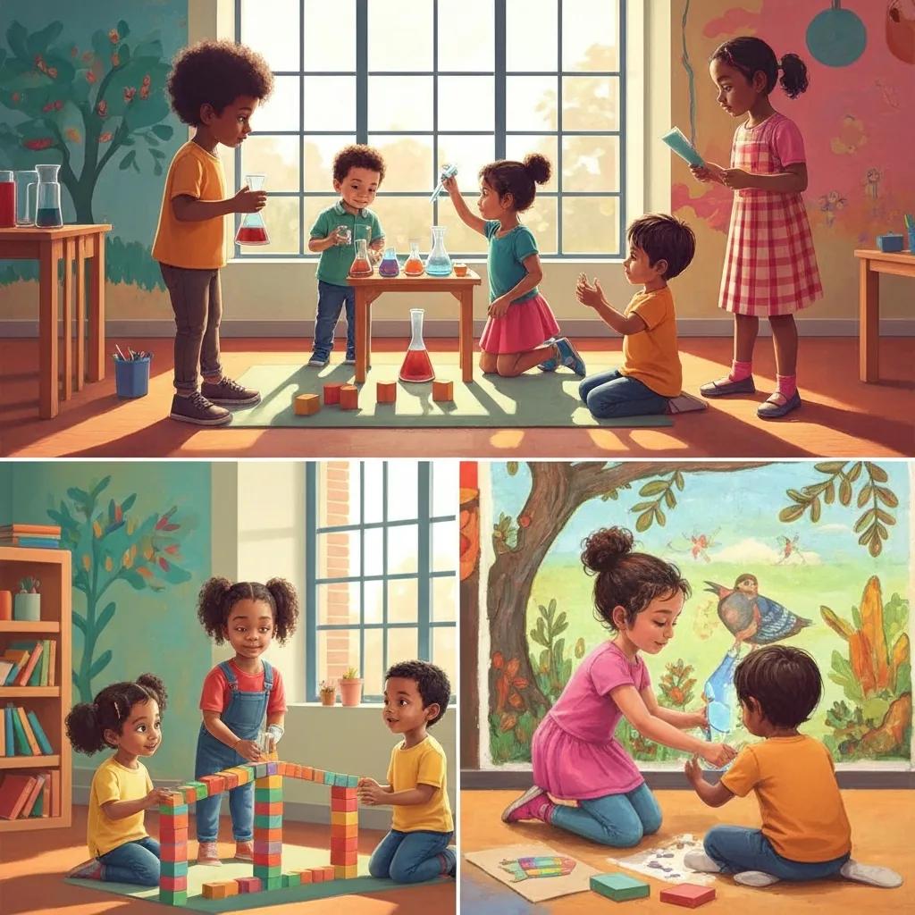 Preschoolers collaborating on a block-building activity, highlighting problem-solving skills