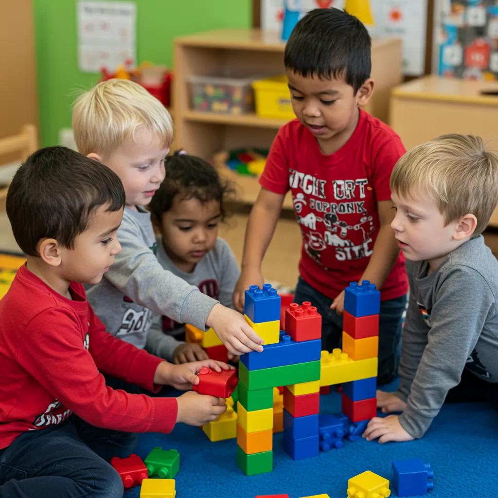Preschoolers collaborating on a STEM project, showcasing teamwork and problem-solving