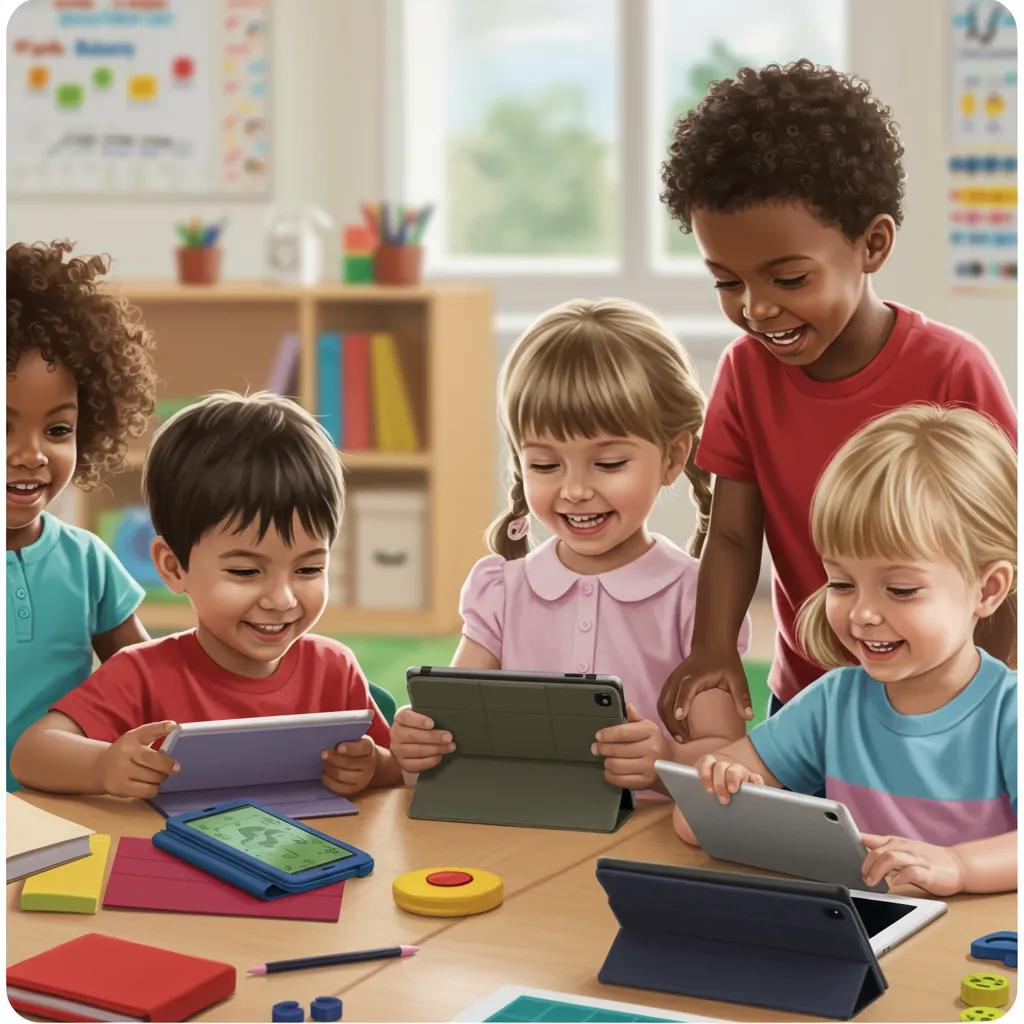 Preschoolers collaborating with technology, illustrating the benefits of digital learning