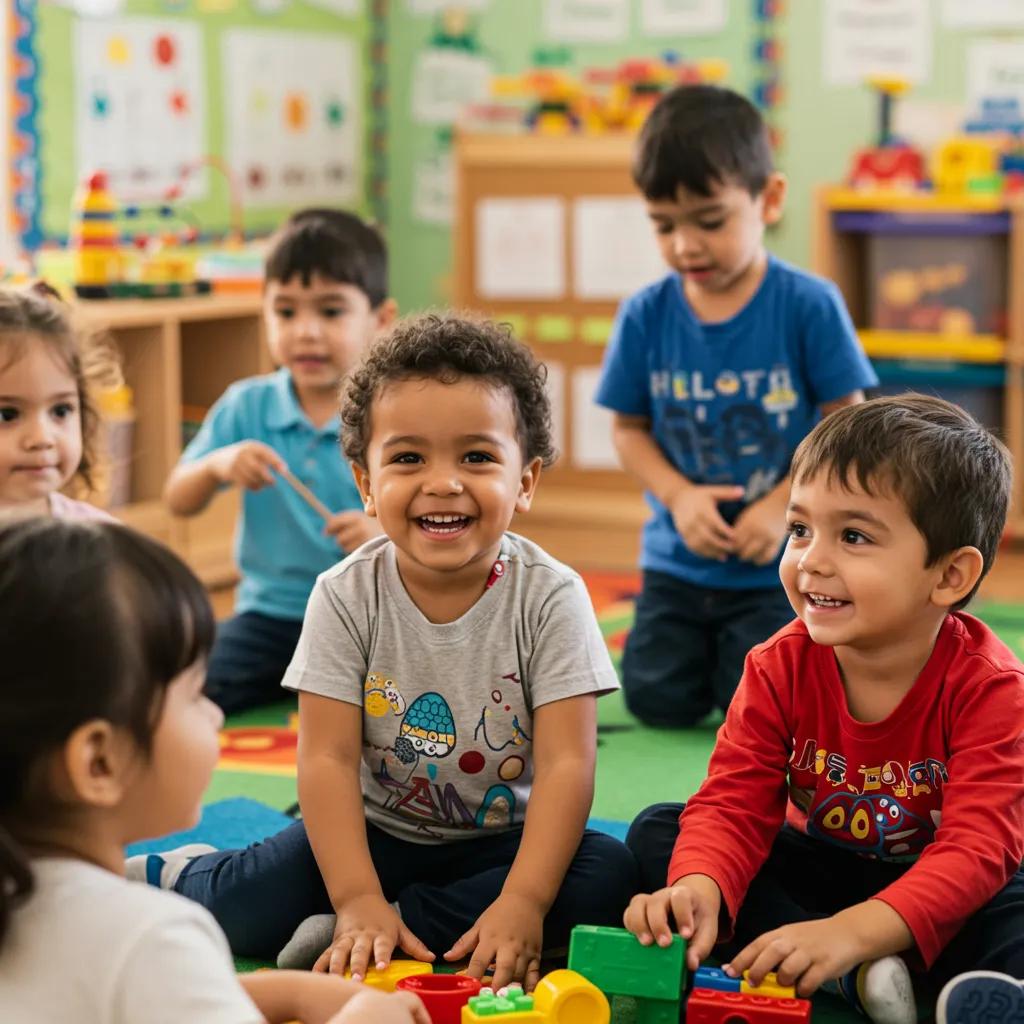 Preschoolers engaging in social-emotional activities in a colorful classroom