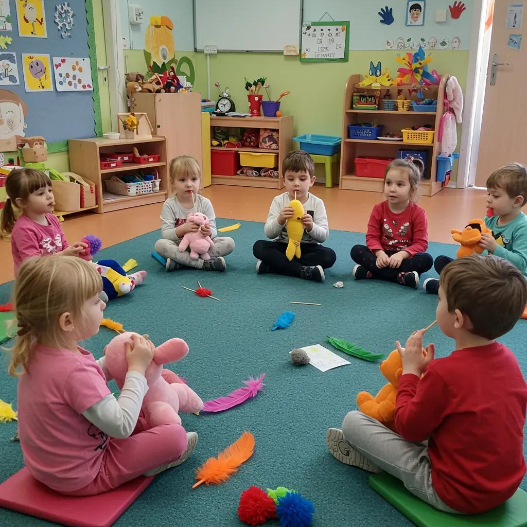 Preschoolers practicing mindfulness activities in a colorful classroom setting