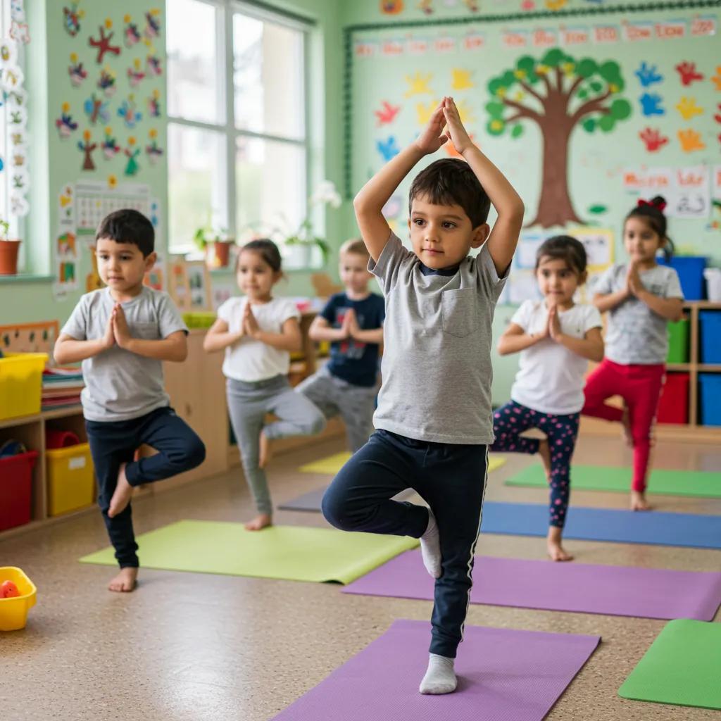 Preschoolers practicing yoga poses in a cheerful classroom environment