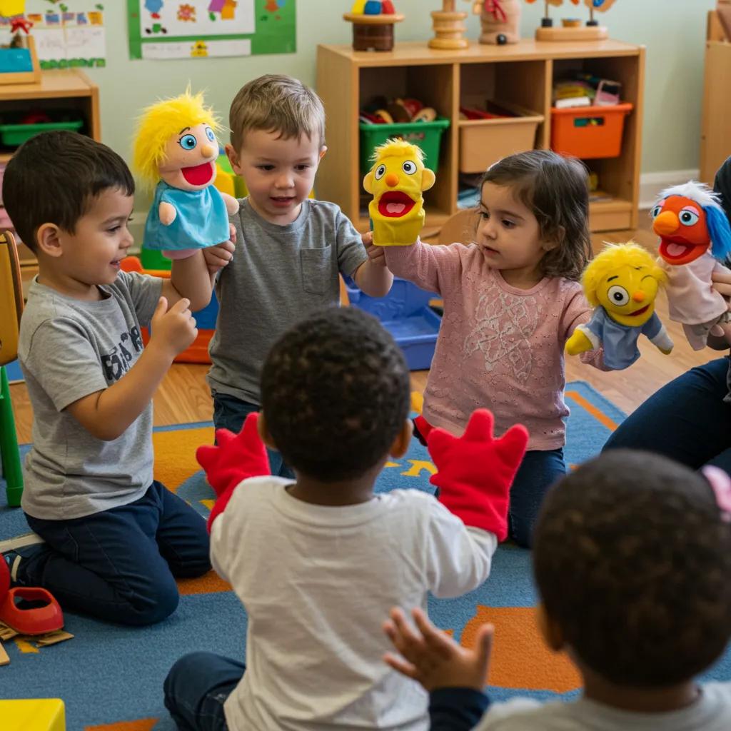Preschoolers using puppets to explore emotions during a social-emotional learning activity
