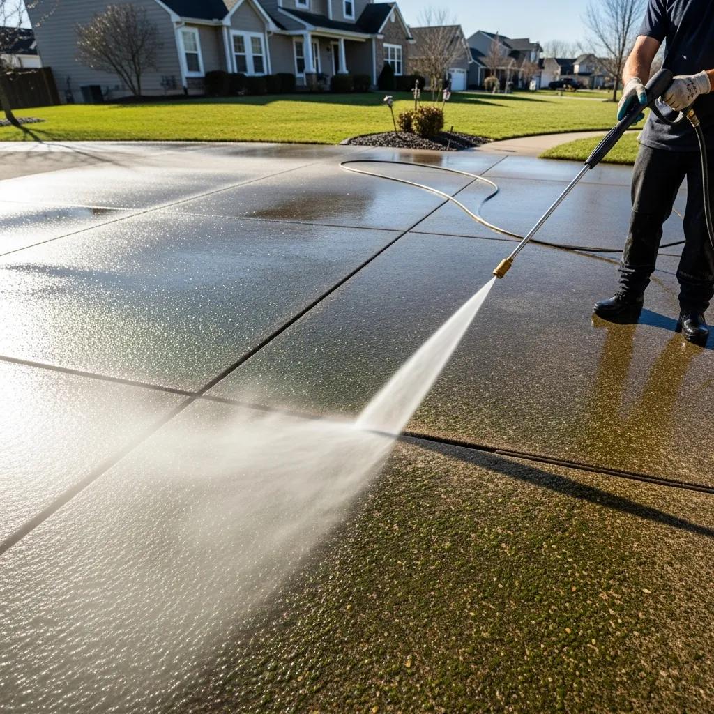 Pressure washing a concrete driveway to remove deep grime and restore appearance